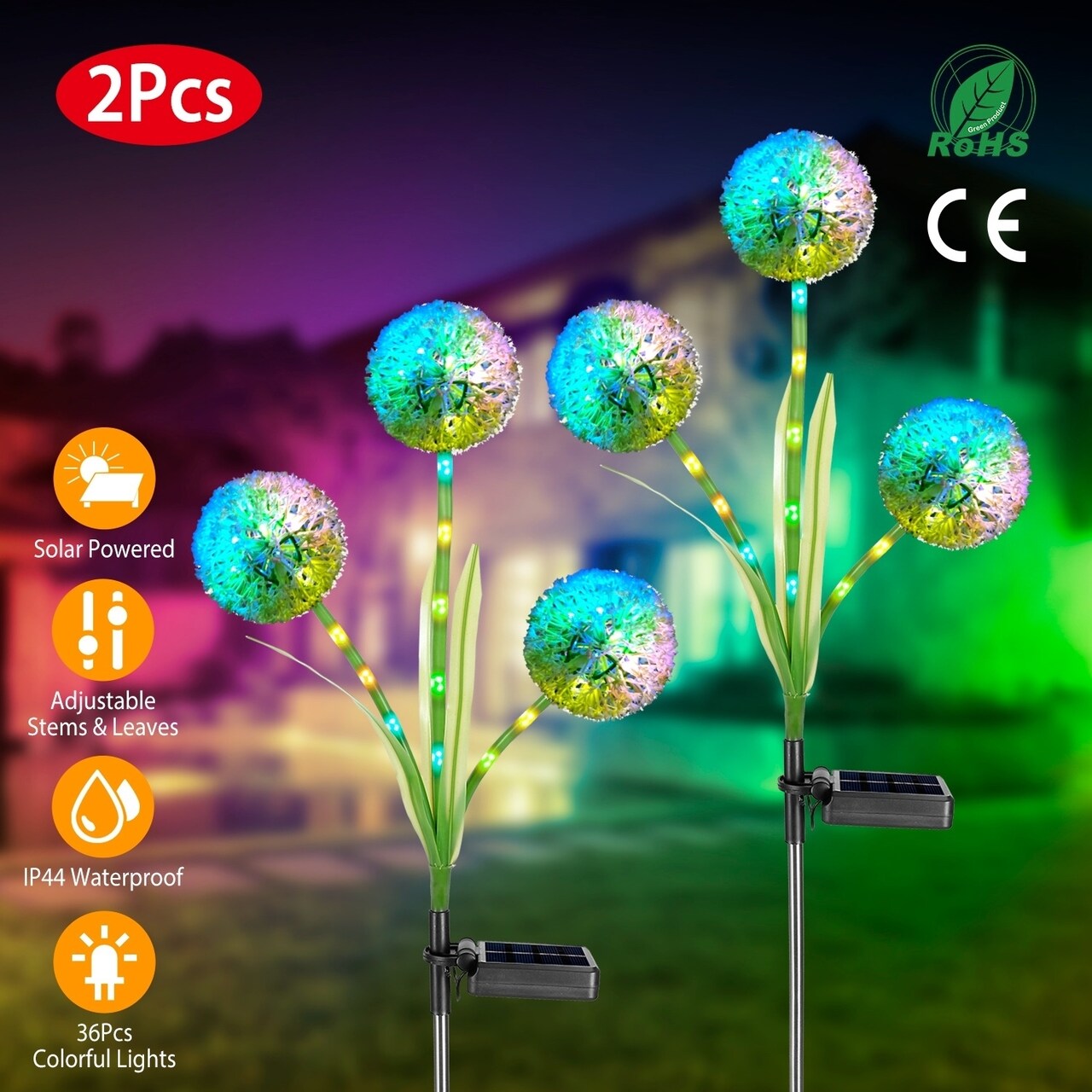 2Pcs Solar Dandelion Light 36 Led Waterproof Garden Stake Lamp Colorful